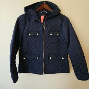 J. Crew Women's Quilted Field Jacket, Size Large Navy Hooded Primaloft